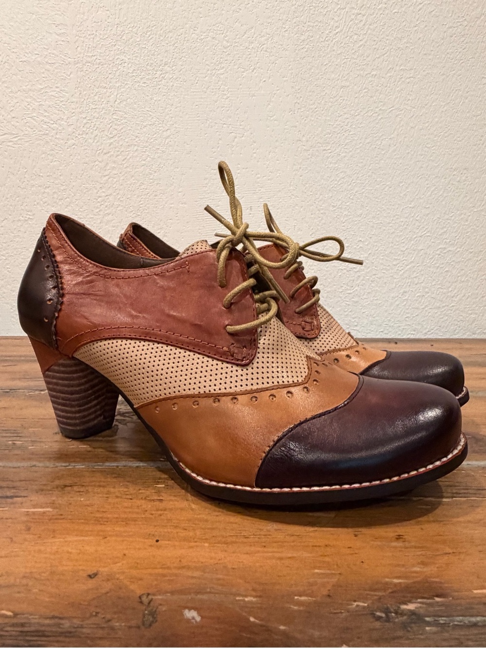 Multi-Panel Lace-Up Heels in Brown, Tan and Cream